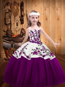 Simple Eggplant Purple Tulle Lace Up Kids Pageant Dress Sleeveless Floor Length Embroidery