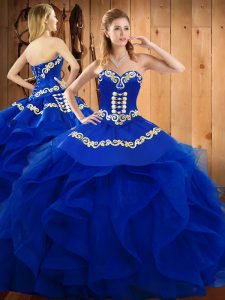 Floor Length Lace Up Sweet 16 Quinceanera Dress Blue for Military Ball and Sweet 16 and Quinceanera with Embroidery and Ruffles