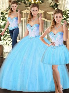 Baby Blue Three Pieces Sweetheart Sleeveless Tulle Floor Length Lace Up Beading Sweet 16 Dress