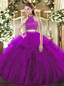 Inexpensive Floor Length Two Pieces Sleeveless Purple Sweet 16 Dress Backless