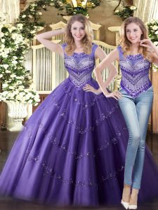 Floor Length Purple Quinceanera Gown Tulle Sleeveless Beading