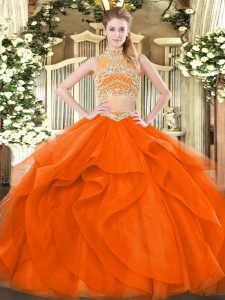 Super Orange Red Sleeveless Beading and Ruffles Floor Length Quinceanera Dress