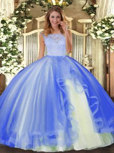 Scoop Sleeveless 15th Birthday Dress Floor Length Lace and Ruffles Blue Tulle