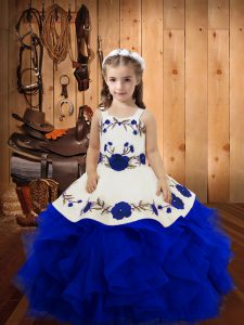 Royal Blue Sleeveless Embroidery and Ruffles Floor Length Pageant Dress for Teens