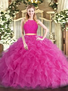 Sleeveless Floor Length Ruffles Zipper Sweet 16 Quinceanera Dress with Hot Pink