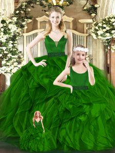 Customized Floor Length Green Ball Gown Prom Dress Organza Sleeveless Beading and Ruffles