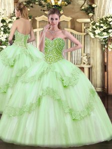 Luxury Apple Green Tulle Lace Up 15th Birthday Dress Sleeveless Floor Length Beading and Appliques