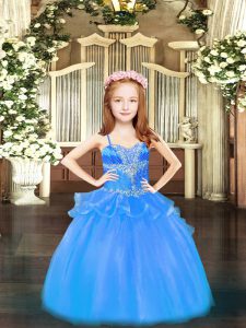 Ball Gowns Pageant Dress Toddler Baby Blue Spaghetti Straps Organza Sleeveless Floor Length Lace Up