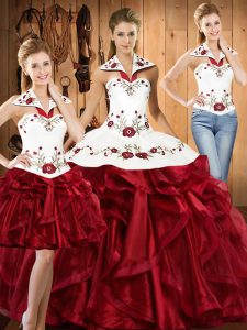 Hot Sale Halter Top Sleeveless Organza Sweet 16 Dresses Embroidery and Ruffles Lace Up