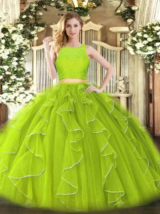 Beautiful Sleeveless Zipper Floor Length Lace and Ruffles Sweet 16 Dress