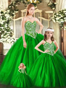 Green Tulle Lace Up 15th Birthday Dress Sleeveless Floor Length Beading