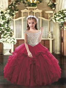 Custom Fit Sleeveless Floor Length Beading and Ruffles Lace Up Little Girls Pageant Dress with Fuchsia