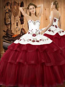 White And Red Lace Up Quinceanera Dress Embroidery and Ruffled Layers Sleeveless Sweep Train