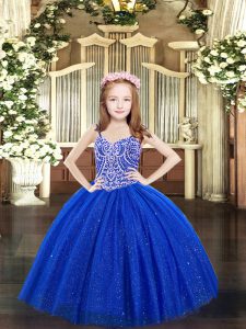 Royal Blue Tulle Lace Up Kids Pageant Dress Sleeveless Floor Length Beading