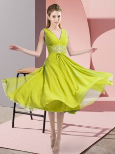 Wonderful Yellow Green Empire Beading Quinceanera Dama Dress Side Zipper Chiffon Sleeveless Knee Length