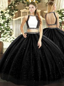 Stylish Black Halter Top Neckline Ruching Quinceanera Gowns Sleeveless Backless