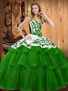 Custom Made Sweetheart Sleeveless Sweet 16 Quinceanera Dress Sweep Train Embroidery Dark Green Organza