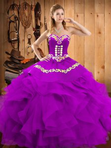 Discount Eggplant Purple Ball Gowns Embroidery and Ruffles Sweet 16 Dress Lace Up Satin and Organza Sleeveless Floor Length