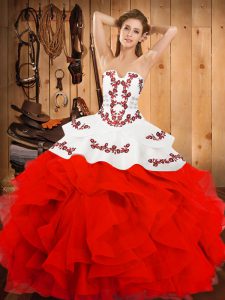 Superior White And Red Satin and Organza Lace Up Strapless Sleeveless Floor Length Quinceanera Gown Embroidery and Ruffles