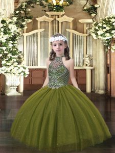 Fantastic Floor Length Olive Green Child Pageant Dress Tulle Sleeveless Beading