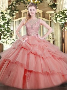 Attractive Watermelon Red Sleeveless Tulle Backless Sweet 16 Dresses for Military Ball and Sweet 16 and Quinceanera