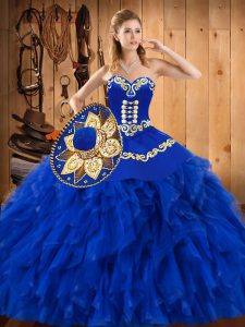 Blue Sleeveless Floor Length Embroidery and Ruffles Lace Up Ball Gown Prom Dress