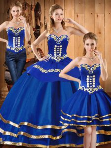 Super Blue Three Pieces Sweetheart Sleeveless Satin and Tulle Floor Length Lace Up Embroidery Sweet 16 Dress