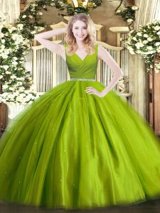 Unique Tulle V-neck Sleeveless Zipper Beading Vestidos de Quinceanera in Olive Green