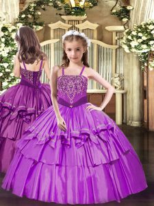 Straps Sleeveless Lace Up Kids Pageant Dress Lilac Organza