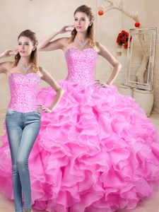 Rose Pink Organza Lace Up Quinceanera Dresses Sleeveless Floor Length Beading and Ruffles