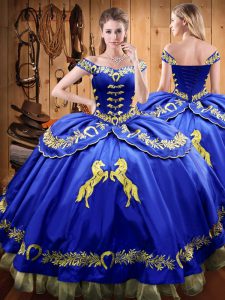 Beading and Embroidery Vestidos de Quinceanera Royal Blue Lace Up Sleeveless Floor Length