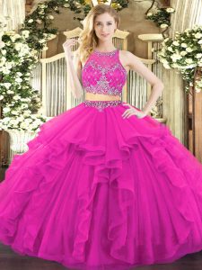 Scoop Sleeveless Tulle Vestidos de Quinceanera Beading and Ruffles Zipper