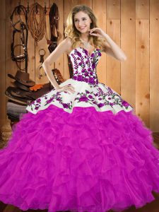 Chic Fuchsia Tulle Lace Up Ball Gown Prom Dress Sleeveless Floor Length Embroidery and Ruffles