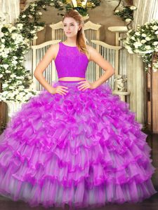 Stunning Scoop Sleeveless Sweet 16 Dresses Floor Length Ruffled Layers Fuchsia Tulle