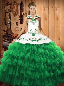 Floor Length Green Ball Gown Prom Dress Satin and Organza Long Sleeves Embroidery and Ruffled Layers