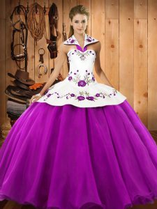 Beauteous Halter Top Sleeveless Lace Up Quince Ball Gowns Fuchsia Satin and Tulle