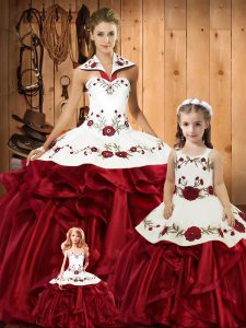 Glittering Wine Red Sleeveless Satin and Organza Lace Up Quinceanera Dress for Military Ball and Sweet 16 and Quinceanera