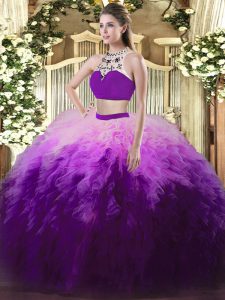 Tulle High-neck Sleeveless Backless Beading and Ruffles Sweet 16 Dresses in Multi-color