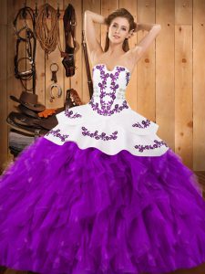 Floor Length Eggplant Purple Sweet 16 Dress Satin and Organza Sleeveless Embroidery and Ruffles