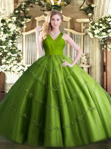 Flare Tulle V-neck Sleeveless Zipper Beading Sweet 16 Dress in Olive Green