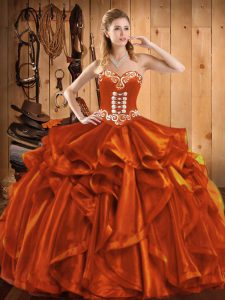 Floor Length Lace Up Quinceanera Gown Rust Red for Military Ball and Sweet 16 and Quinceanera with Embroidery