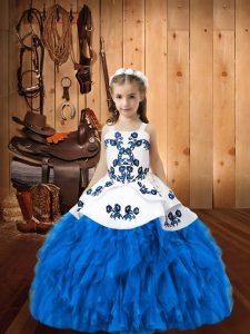 Fashionable Blue Ball Gowns Embroidery and Ruffles Kids Pageant Dress Lace Up Organza Sleeveless Floor Length