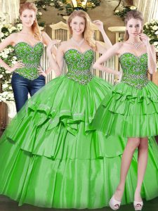 Exceptional Green Sleeveless Floor Length Beading and Ruffled Layers Lace Up 15th Birthday Dress