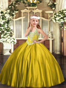 Ball Gowns Pageant Dress Wholesale Gold V-neck Satin Sleeveless Floor Length Lace Up