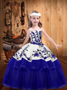 Trendy Blue Lace Up Pageant Gowns For Girls Embroidery Sleeveless Floor Length