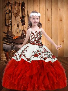 Sleeveless Lace Up Floor Length Embroidery and Ruffles Little Girl Pageant Gowns