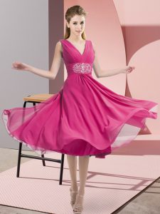 Sleeveless Chiffon Knee Length Side Zipper Vestidos de Damas in Hot Pink with Beading