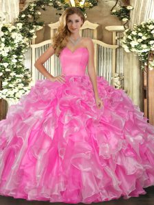 Rose Pink Sweet 16 Dress Military Ball and Sweet 16 and Quinceanera with Beading and Ruffles Sweetheart Sleeveless Lace Up