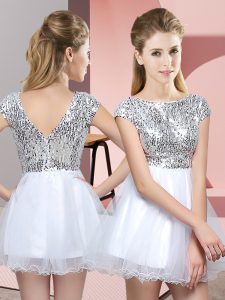 Beautiful Cap Sleeves Tulle Mini Length Zipper Vestidos de Damas in White with Sequins