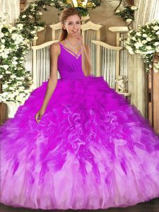 Multi-color Tulle Backless 15 Quinceanera Dress Sleeveless Floor Length Beading and Ruffles